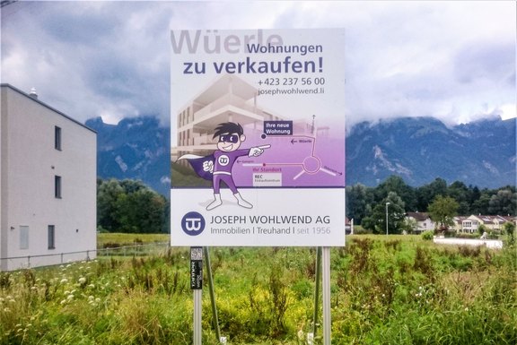 jwt, Baureklame, Ruggell Baureklame, Druckwerbung, Bautafeln, Neubauausschreiben, Baustellenwerbung