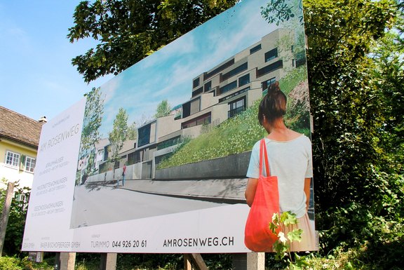 Bauankündigung, Reklame, Rosenweg Baureklame, Druckwerbung, Bautafeln, Neubauausschreiben, Baustellenwerbung