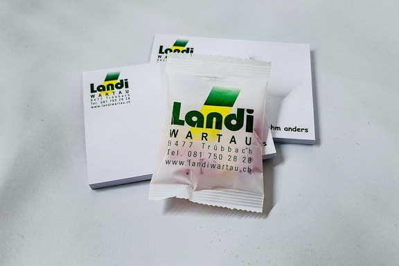 Landi Wartau, Messewerbung Messeartikel, Gummibär, Kleb-Notizen
