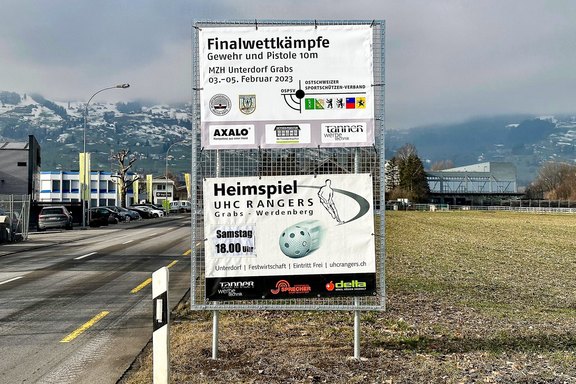 Ortseingangsblachen in Grabs Ortseingang, Werbung, Sponsoren, Unterstützung, Blache