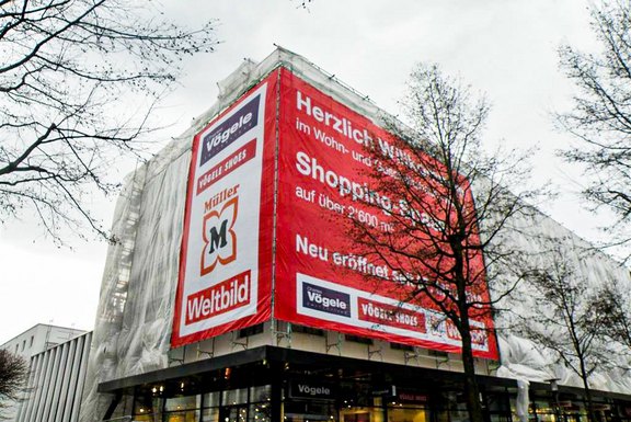 Vögele Banner, Baustelle, Sichtschutz Baustellenbanner, Baustellenwerbung, Gerüstwerbung, Gitternetzbanner, Bauzaun, Druckwerbung