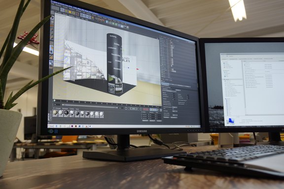 Messestand in Arbeit Gestalten, Messebau, kreativ, Computer