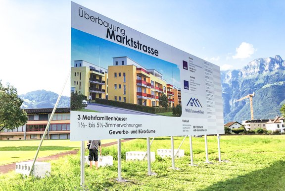 MGA, Baureklame Gewichtsteine Baureklame, Druckwerbung, Bautafeln, Neubauausschreiben, Baustellenwerbung