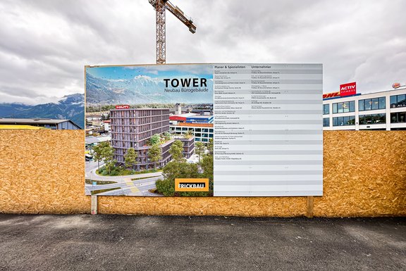 Tower Buchs, Bauvorhaben Tafel Baureklame, Druckwerbung, Bautafeln, Neubauausschreiben, Baustellenwerbung