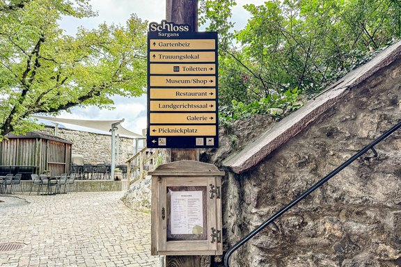 Stiftung Schloss Sargans - Wegweiser Übersicht Grundplatte Alu-Verbund, Konturgefräst, Messing